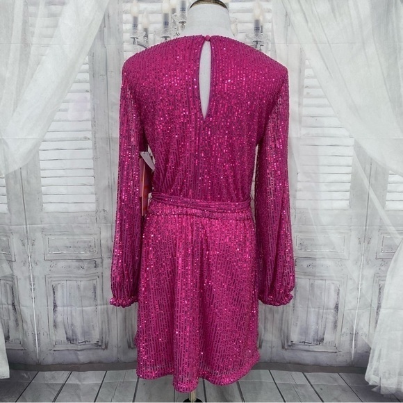 LDT Size 6 Pink Sequined Long Sleeve Short Dress Belted Pockets Cocktail A-Line - Picture 12 of 16